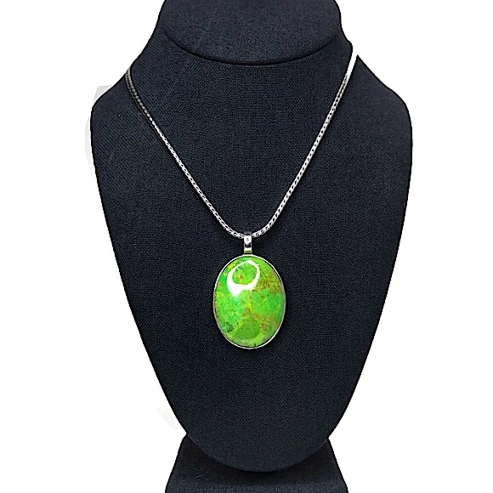 BARSE Sterling Silver Wheat Chain Necklace w Green Turquoise Pendant Vintage